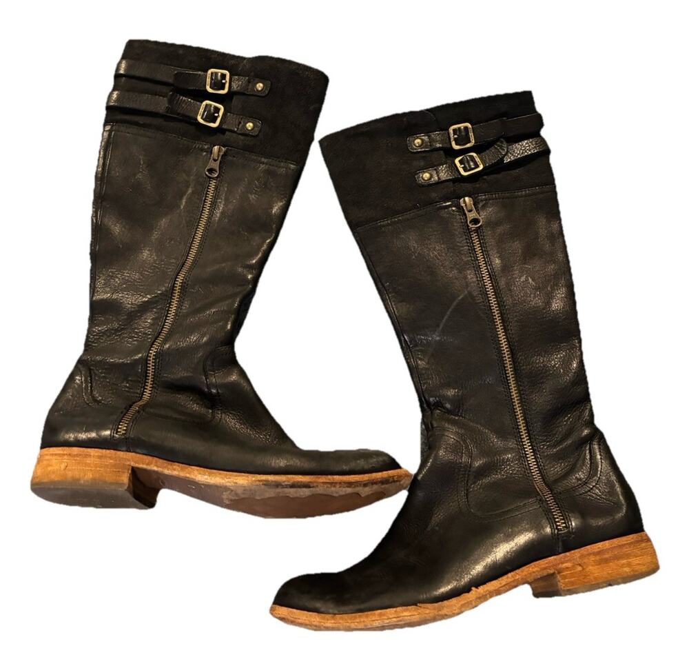 KORK-EASE Women's Knee-High Boot Black Leather Size 8Medium 1” Heel